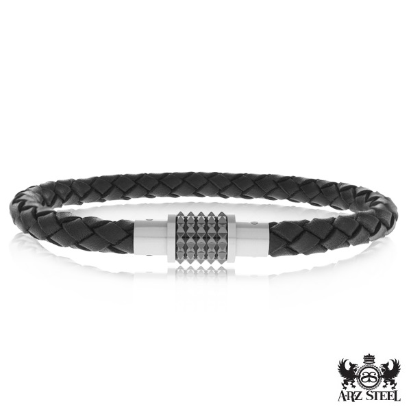 Steel black leather Bracelet ARZ-Steel